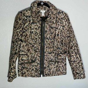 Chicos Womens Jacket Brown Leopard Snakeskin Faux Fur Zip Pockets Collared 0 S/4